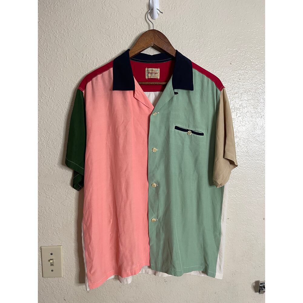 Vintage Style Eyes Japan Rayon Bowling Shirt Colorblock Retro Preppy  Mens Large